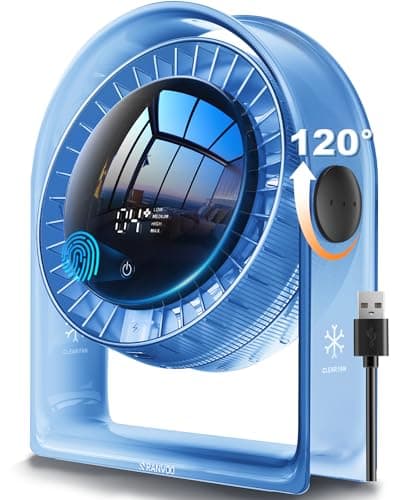 RANVOO Quiet Desk Fan, Air Circulator Mini Fan for Bedroom, 4 Speeds Strong Airflow Portable Fan, Smart Display USB Fans,120°Tilt, Small Desktop Table Fans For Office Room Home,Translucent Blue