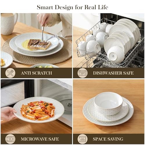 MALACASA 16 Pieces Dinnerware Sets, Modern Relief Design Plates and Bowls Sets, White Dish Set for 4, Kitchen Ceramic Dinner Plates Dishware Set, Microwave and Dishwasher Safe, Series LYDIA - Thumbnail 4