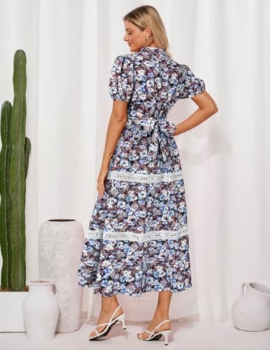 GRACE KARIN Women's 2026 Summer Floral Flowy Dresses Boho Tie Belt Short Puff Sleeve A Line Maxi Shirt Dress with Pocket Black Blue Medium - Thumbnail 3