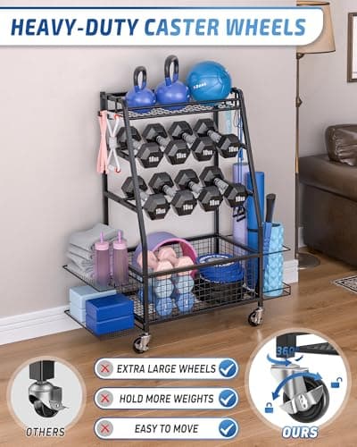 Staransun Staransun Dumbbell Rack Stand - Weight Rack for Dumbbells - Home Gym Storage Rack with 4 Flexible Wheels - Weight Rack for Home Gym with Side Storage and Hooks - Thumbnail 4