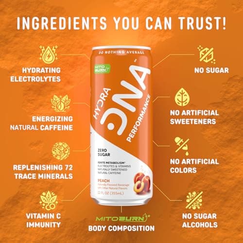HYDRADNA- Clean Performance Drink, Zero Sugar | For Natural Fuel, Alertness, Boost, Stamina,120 mg Organic Caffeine, Natural Flavors, Zero Sucralose, Clean Ingredients (12 Pack) (12 Pack, Peach) - Thumbnail 4