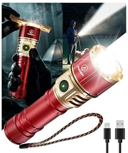 Flashlight Rechargeable, High Lumens Tactical Flashlight with Ignition Lens, 3000mAh USB-C Rechargeable Flashlights, 5 Modes IP65 Water Resistant Flashlights for Home, Camping, Power Outages