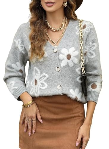 Dokotoo Oversized Sweaters for Women 2025 Fashion Lightweight Light Grey Floral Sexy V Neck Cropped Cardigan Elegant Long Sleeve Button Down Knit Shrug Open Front Ladies Christmas Sweater XX-Large - Image 1