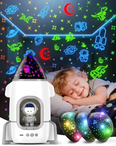 Rocket Night Light Projector for Kids Boys Toddlers Sensory Toys with Music&Films,Nightlight Lamp Astronaut Ceiling Star Projector 360° Rotation&Rechargeable,Birthday Gifts Kids Bedroom Room Decor