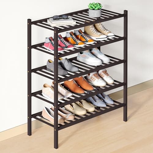 Smiry Bamboo Shoe Rack for Closet, 5 Tier Wooden Stackable Shoe Organizer, Free Standing Shoes Storage Shelf for Entryway, Front Door Entrance, Brown - Image 1