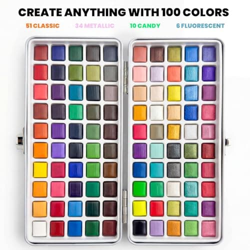 JusArt 100 Colors Watercolor Paint Set,Travel Watercolor Set with Handbag,Art Supplies with Metallic Color, Detail Painting Brushes, Water Brush Pens, Portable Watercolor Supplies for Adult, Artists, Professionals - Thumbnail 6