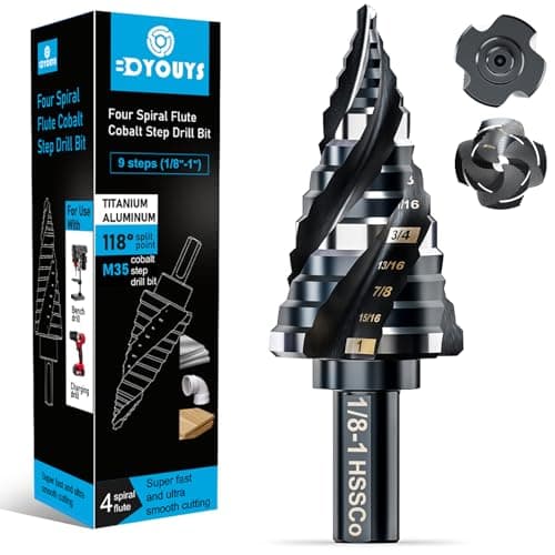 Four Spiral Flute M35 Step Drill Bit Set 1/8"-1"(9 Sizes), 3/8" Shank for Metal Step Drill bit, Impact Resistant Cobalt Step Drill Bit, for Stainless Steel, Wood, Aluminum, Plastic - Image 1