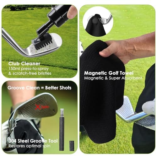 7-in-1 Golf Club Cleaning Kit - Club Cleaner, Grip Cleaner, Polish, Water-Spray Brush, Groove Cleaner, Magnetic Towel & Portable Bag | Restores Clubs, Removes Rust/Scratches, Renews Tackiness - Thumbnail 6