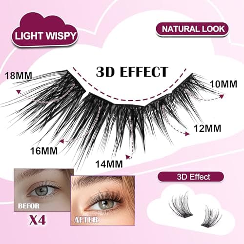 Jomay Lash Clusters Kit - Wispy Lashes for Natural Volume Eyelash Cluster Extensions, DIY Individual Waterproof with Soft Thin Band & Seal Glue (Includes Tweezers & Remover) D Curl 10-18mm 120pcs (X4) - Thumbnail 3