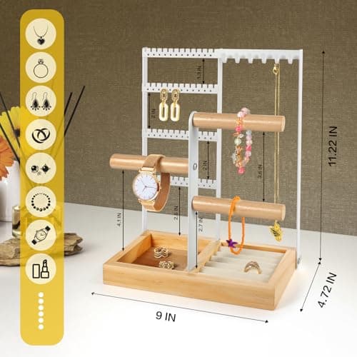 Godboat Jewelry Organizer, 4-Tier Earring Holder Organizer with 48 Holes, 6 Hooks Necklace Rack, Bracelet and Ring Stand with Wood Box, Gifts for Mothers Mom Women, Preppy Stuff & Room Decor, (White) - Thumbnail 6