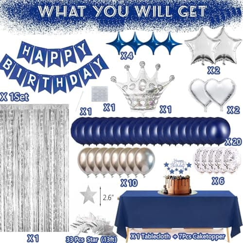 Navy Blue Birthday Party Decorations Set – Blue Theme Supplies with Banner, Star Garland, Crown, Heart & Star Foil Balloons, Fringe Curtain, Cake Topper, Tablecloth, Confetti Balloons for Men & Women - Thumbnail 4