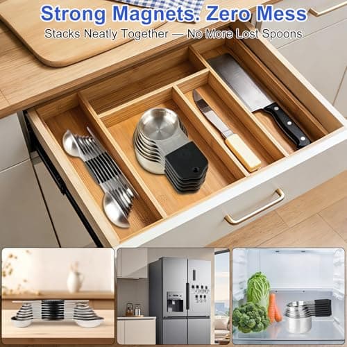 Magnetic Measuring Cups & Spoons Set, Strong N45 Magnets, Heavy Duty Stainless Steel Fits in Spice Jars for Baking & Cooking, BPA Free, Round Set of 15 with Leveler, Black - Thumbnail 3
