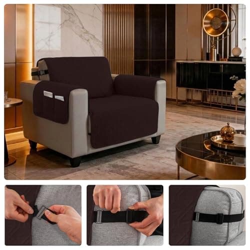 Eusalioy 100% Waterproof Couch Cover for Armchair, Anti-Slip Washable Sofa Cover with Elastic Straps & Side Pockets, Durable Furniture Protector for Kids, Pets & Dogs (23", Chocolate) - Thumbnail 6