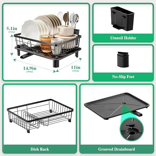 MOUKABAL Dish Drying Rack, Dish Rack, Stainless Steel Dish Racks for Kitchen Counter, Dish Drainer with Removable Utensil Holder, Drainboard (Black,11''W x 15''L) - Thumbnail 2
