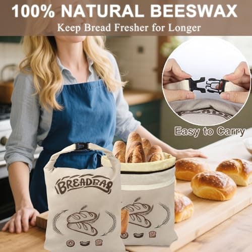 FONDFRAMORY Beeswax Bread Bags for Sourdough, Large Size Sourdough Bread Bags with Beeswax to Keep Freshness Longer, Washable and Reusable Sourdough Storage Bag (2 Pack) (Beige) - Thumbnail 4