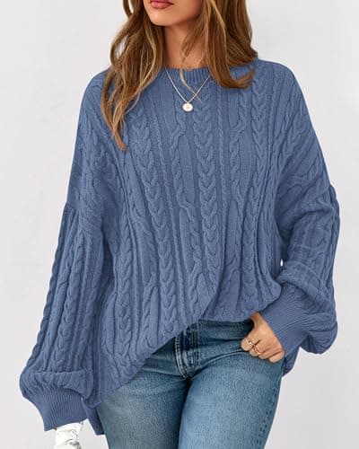 KIRUNDO Oversized Chunky Cable Knit Sweater Women 2026 Fall Fashion Cozy Long Sleeve Crewneck Pullover Winter Clothing(Blue, XX-Large) - Thumbnail 4