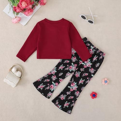 YWFSHOP Girls Clothes Set 2 Piece Long Sleeve Pullover Sweatshirt and Flare Pants Floral Outfits Girl Fall Winter - Thumbnail 2