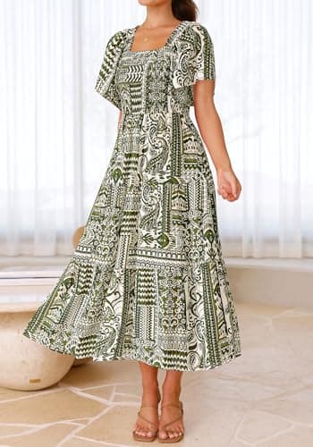 BTFBM Women's Clothing Wedding Guest Dresses Casual Boho Floral Short Sleeve Smocked Maxi Beach Spring Summer Dress 2026(Floral Grass Green, Large) - Thumbnail 6