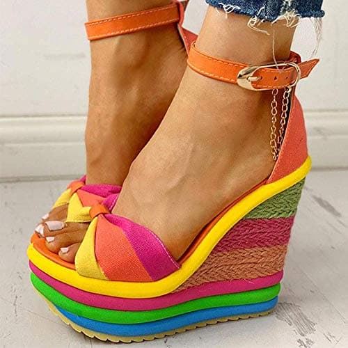 SaraIris Summer Shoes Rainbow Sandals for Women- Comfortable Colourful Wedge Sandals High Heel Gladiator Ankle Strap Platform Espadrilles Shoes - Thumbnail 5