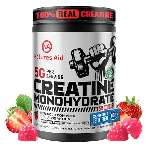 Natures Aid NSF Certified Creatine Gummy 5g - Creatine Monohydrate Gummies – Pre-Workout Energy & Muscle Growth Support for Men & Women | Strawberry Electrolyte Gummies (135 Count) - Image 1