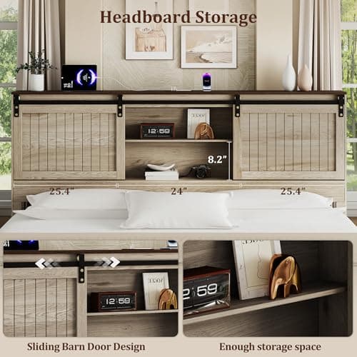 Uteeran Queen Size Bed Frame with Storage, Sliding Barn Door, Farmhouse Wood Platform Bed with Reading Light and Charging Station, Wood Slats Support, Easy Assembly, Noise-Free, Light Rustic Oak - Thumbnail 3