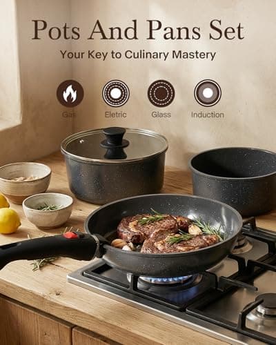 USELUCK 21Pcs Ceramic Pots and Pans Set Non Stick, Kitchen Cookware Set with Detachable Handles, Non Toxic Healthy Cooking Set, Induction Dishwasher Oven Safe, PTFE PFOA PFOS Free, Black - Thumbnail 5