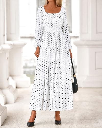BTFBM Long Sleeve Dress for Women 2026 Spring Fall Boho Floral Square Neck Casual Flowy Long Wedding Guest Maxi Dresses(Polka Dot White Black, X-Large) - Thumbnail 4