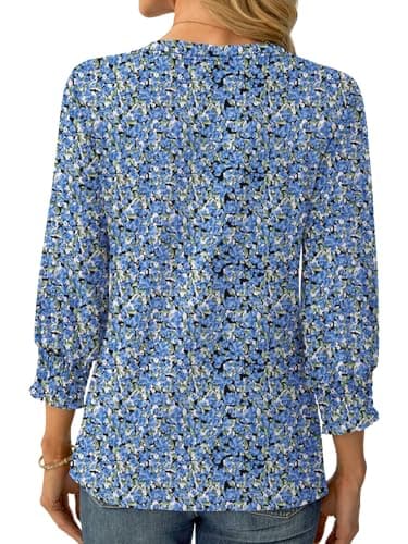 GKBK Womens 3/4 Sleeve Shirts V Neck Dressy Casual Spring Summer Blouses with Smocked Cuffs Blue Floral - Thumbnail 4