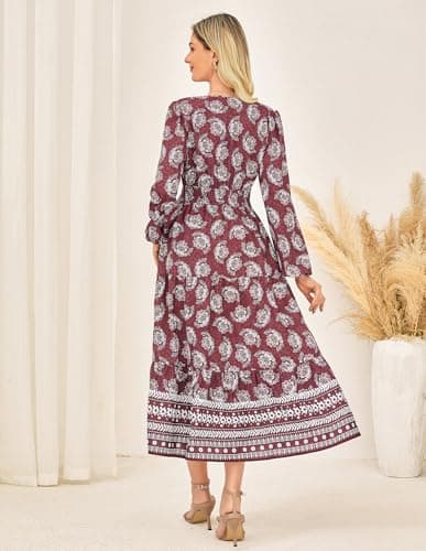 GRACE KARIN Long Sleeve Dress for Women 2026 Spring Wedding Guest Dress Floral Boho A Line Flowy Maxi Dresses with Pockets Wine Red S - Thumbnail 3