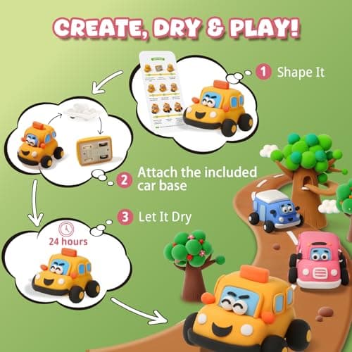 Air Dry Clay Kit for Kids - Pull Back Car Making, 3 Boxes Modeling Clay with Sculpting Tools, Base, Backing Board, Tutorial, Ultra Light & Soft, Non-Toxic & Safe, Creative DIY Arts and Crafts Toys - Thumbnail 2