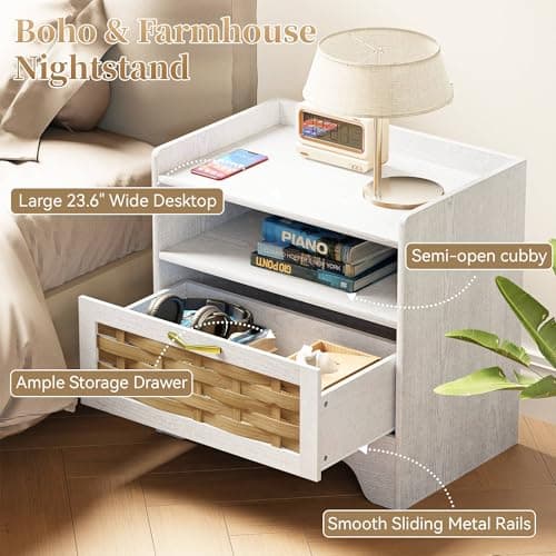 HOCAT 24" Rattan Nightstand, Boho Night Stand with Open Storage, White Bedside Table with Drawer, Bed Side End Table Dresser for Bedroom, Living Room, Hallway - Thumbnail 5