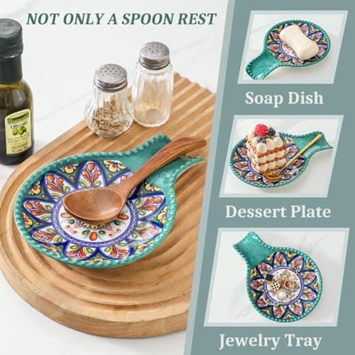 JINGUS Spoon Holder for Kitchen Counter, Large Ceramic Spoon Rest for Stove Top, 7.7 Inch Heat-Resistant Cooking Utensil Rest for Spatula, Ladle and Tongs, Great for Housewarming, Bohemian Green - Thumbnail 6