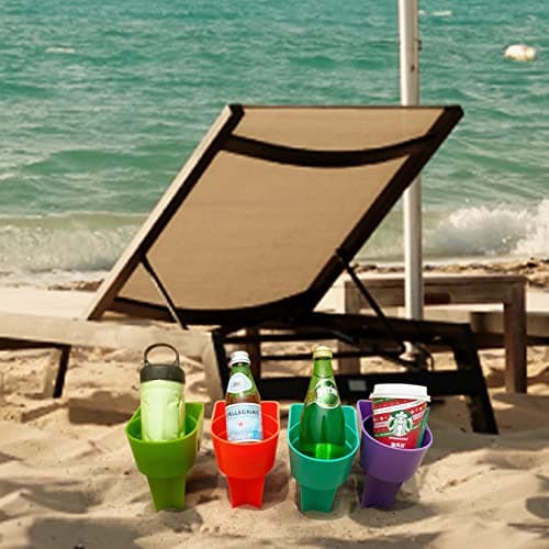 Home Queen Beach Cup Holder with Pocket, Multi-Functional Sand Cup Holder for Beverage Phone Sunglasses Key, Beach Accessory Drink Sand Coaster, Set of 4 (Blue, Teal, Orange and Green) - Thumbnail 4
