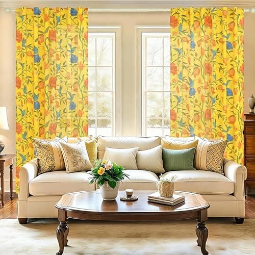 JOOJA Bird Floral Linen Bedroom Curtains 2 Panels 84 Inches Mustard Yellow Printed Window Patterned Colorful Kitchen Sheer Curtains for Bedroom Living Room Semi Blackout - Thumbnail 5