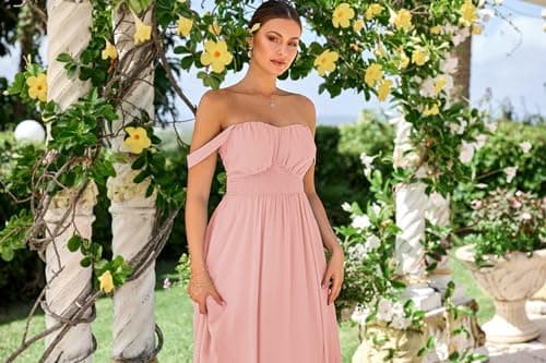 2025 Women's Summer Sleeveless Off Shoulder Floral Flowy A Line Maxi Dresses Light Pink M - Thumbnail 4