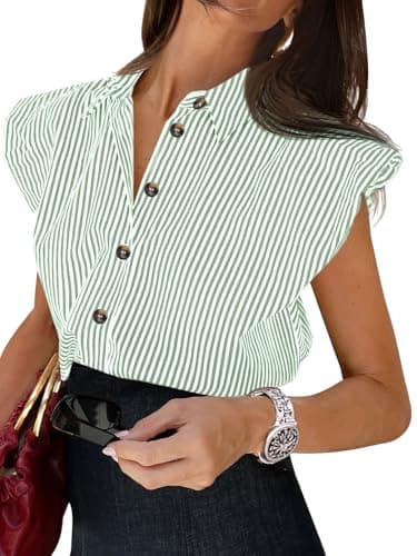 Tankaneo Womens Cap Sleeve Button Down Shirt Summer Striped Collared Tops Loose Casual Dressy Blouse Green - Image 1