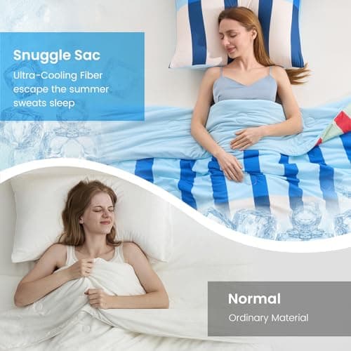 Snuggle Sac Mediterranean Stripe Cooling Comforter King Size Set, Q-Max ＞0.45 Cooling Blanket for Hot Sleepers & Night Sweats, Double-Sided Lightweight Breathable Summer Quilt, 106x90 Multi Green - Thumbnail 3