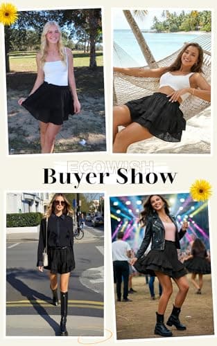 ECOWISH Flowy Mini Skirts for Women with Shorts Underneath Ruffle Tiered Skorts Elastic High Waist Tennis Golf Spring 2026 Black Large - Thumbnail 6