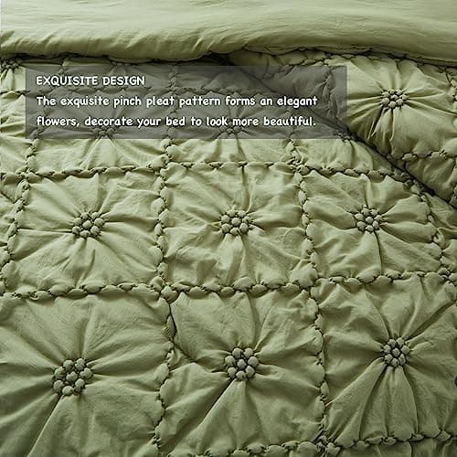BEDAZZLED King Size Comforter Sets, Green Bedding Comforter Set, 3 Pieces Pinch Pleat Bedding Sets with Comforter and Pillowcases Soft Farmhouse Shabby Chic Comforter for All Season - Thumbnail 3