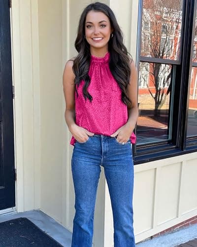 BTFBM Women Sleeveless Tie Mock Neck Summer Tops Loose Casual Side Bow Satin Halter Tank Top Blouse Shirts(Rose Red, Medium) - Thumbnail 4