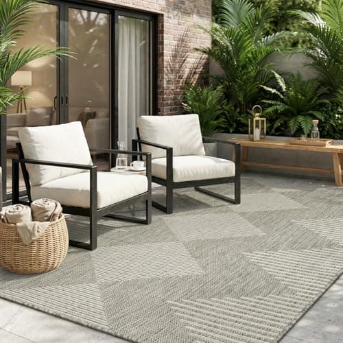 MontVoo-Outdoor Rug Carpet Patio Rug 5x7 ft Polypropylene Indoor Outdoor Rugs for Patio Deck Balcony Porch, Textured Weave, Durable for High Traffic, Fade-Resistant, Boho Geometric Silver Grey - Image 1