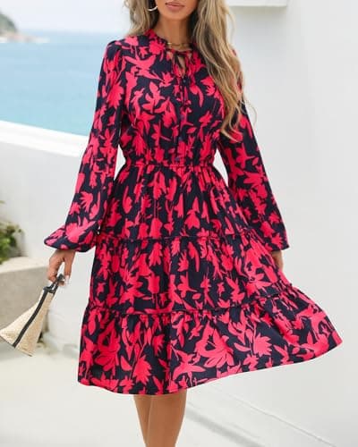 BTFBM Women Fall Dresses 2025 Floral V Neck Long Sleeve Tiered Ruffle Boho Swing Flowy A-Line Mini Dresses Vacation(Navy Rose Red Floral,XX-Large) - Thumbnail 6