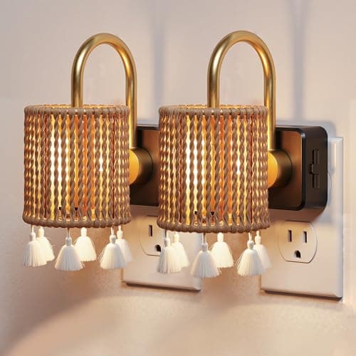 L LOHAS LED Night Lights Plug into Wall, 2 Pack Boho Fabric Cylinder Night Light with Tassel, Dusk to Dawn Sensor, 0-100LM Dimmable Night Lights, Vintage Nightlight for Bedroom, Living Room, Hallway - Image 1