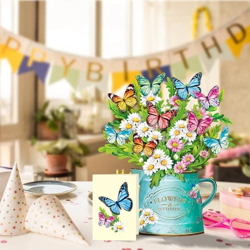 Airpark Pop Up Flower Cards, 3D Paper Flowers Bouquet Mothers Day Card 12’‘ with Blank Note and Envelope, Birthday, Get Well, Anniversary, Greeting Gifts Cards for Women Mom Girls Friends, Daisies and Butterflies - Thumbnail 3
