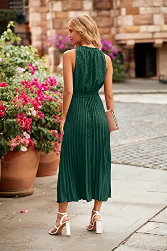 PRETTYGARDEN Women's Midi Summer Dresses Casual V Neck Swiss Dot Ruffle Sleeveless A Line Beach Sun Dress (Dark Green,Small) - Thumbnail 5