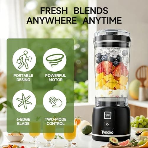 Portable Blender for Smoothies and Shakes, 18oz Rechargeable Electric Personal Juicer Cup with Dual Mode, 6 Sharp Blade Drink Mixer Bottle with Leakproof-Lid & Sip Spout for Kitchen/Travel/Gym - Thumbnail 2