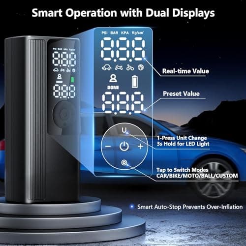 Tire Inflator Portable Air Compressor, 3X Faster Inflation Cordless Air Pump for Car Tires with Digital Pressure Gauge/LED Light, 150PSI Tire Pump with Auto Shut-Off for Car, Motorcycle, Bicycle, Ball - Thumbnail 3