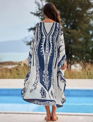 ZAFUL Kaftan Dresses for Women Moo Moos Plus Size O Ring V Neck Batwing Sleeves Beach Cover Ups Hawaii Summer Vacation Outfits Caftan Maxi Dress Loungewear Blue - Thumbnail 3