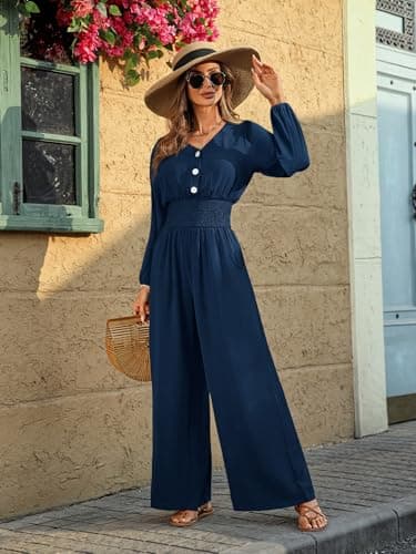 LOOKBOHO Womens Jumpsuits 2026 Long Sleeve Dressy Casual V Neck High Waist Wide Leg Romper Fall One Piece Outfits Navy X-Large - Thumbnail 4