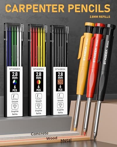 22 Pack Mechanical Carpenter Pencil Set with Sharpener 60 Refills, Automatic Center Punch, Carbide Scribe Tool, Eraser and Deep Hole Marker Pen, Heavy Duty Construction Pencil for Architect-With Pouch - Thumbnail 2